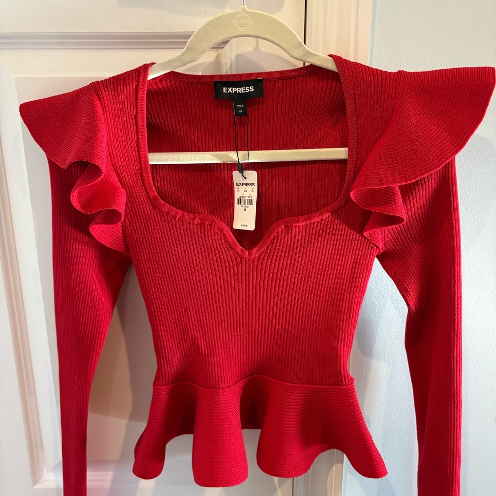 Express Red Ruffle Long Sleeve Top